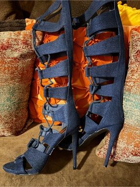 Denim Blue Strappy Gladiator High Heel Sandals - Women